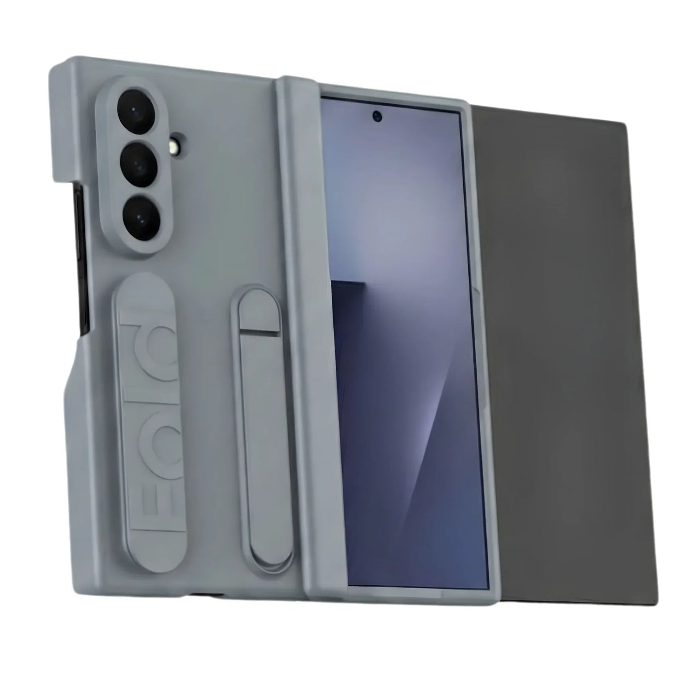 Gray protective case with kickstand on smartphone, featuring triple rear cameras and front screen