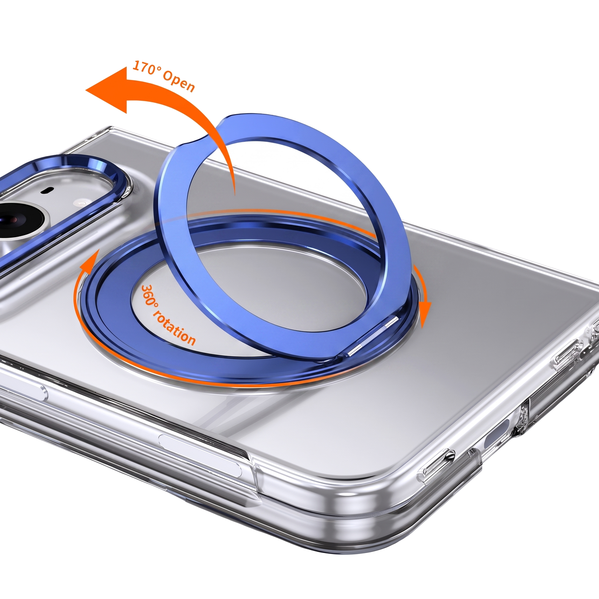 Axon M1 iPhone Fold case 360 degree swivel bracket feature - blue ring stand and blue camera bezel, 170 degree open, 360 degree rotation
