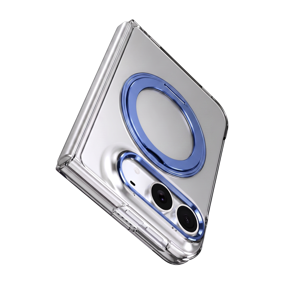Axon M1 iPhone Fold clear case shown folded with blue MagSafe ring seat and blue camera bezel, hinge spine detail