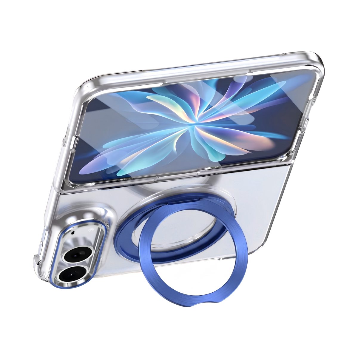 Axon M1 iPhone Fold case in Royal Blue propped open on its MagSafe kickstand ring, showing the folded display