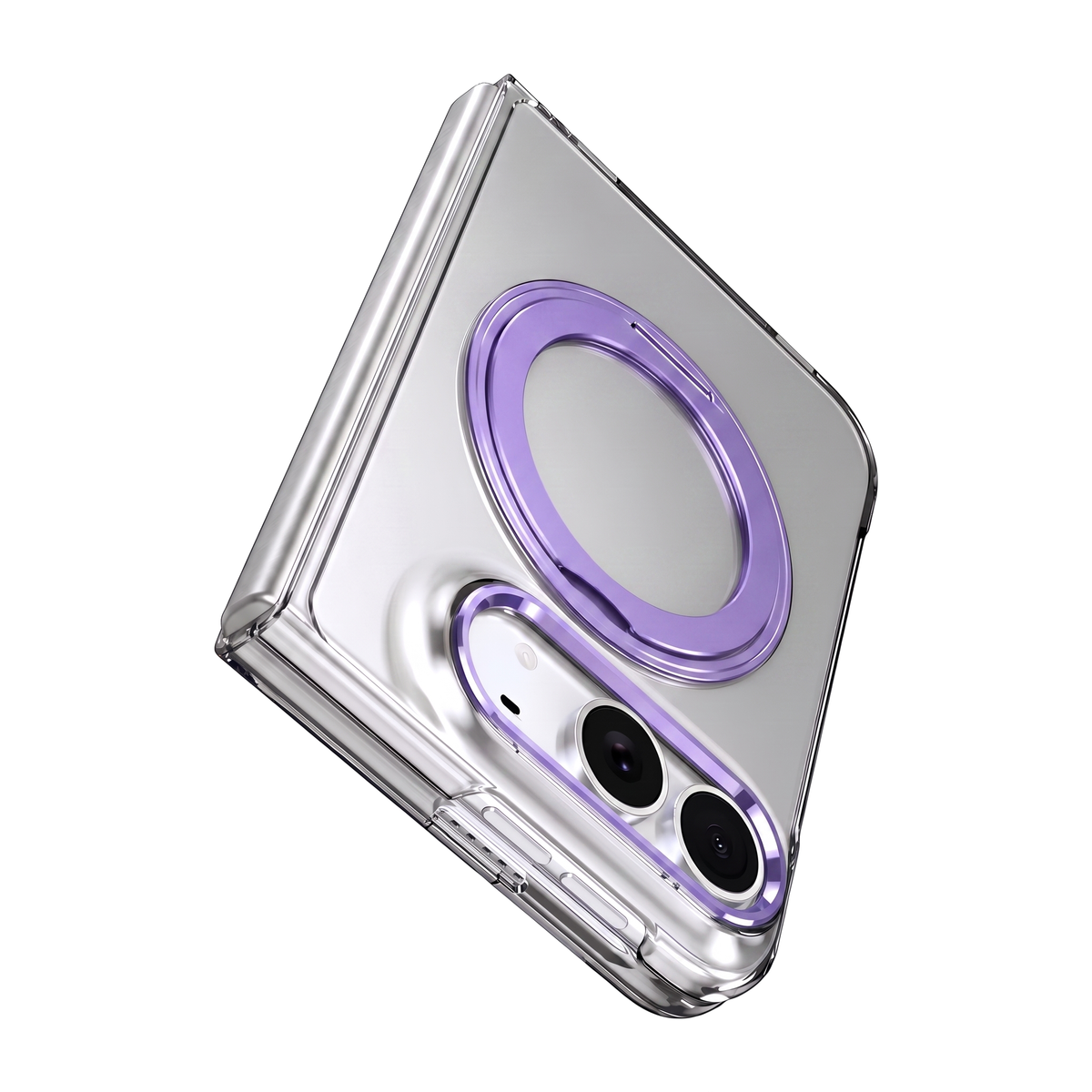 Axon M1 iPhone Fold clear case shown folded with purple MagSafe ring seat and purple camera bezel, hinge spine detail