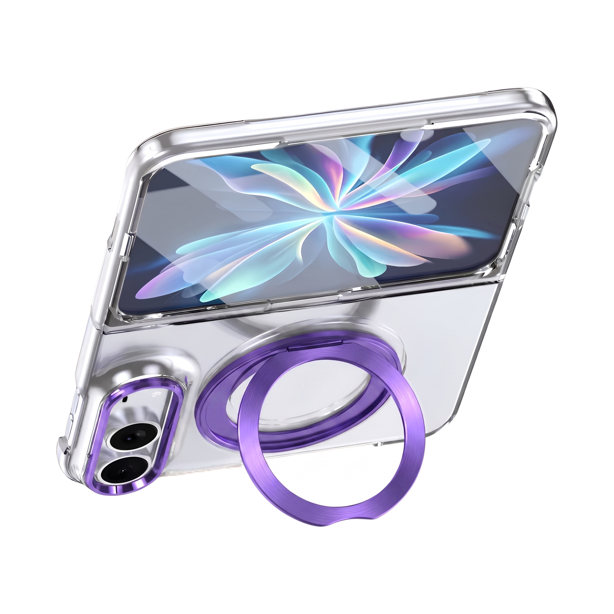 Axon M1 iPhone Fold case in Violet Purple propped open on its MagSafe kickstand ring, showing the folded display