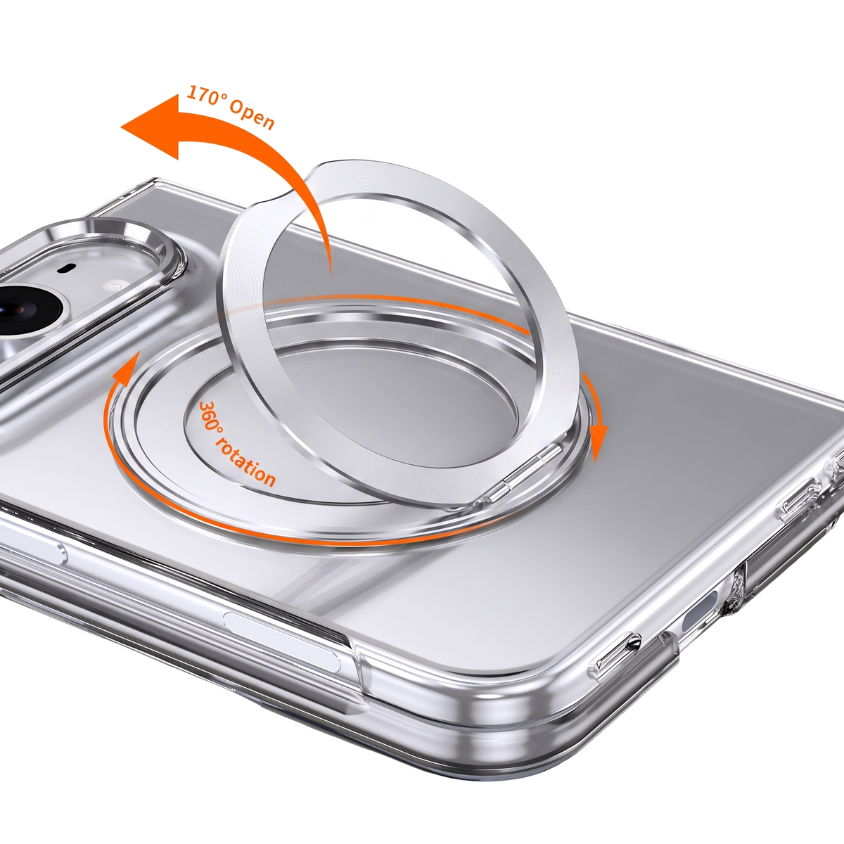 Axon M1 iPhone Fold case 360 degree swivel bracket feature - silver ring stand and silver camera bezel, 170 degree open, 360 degree rotation