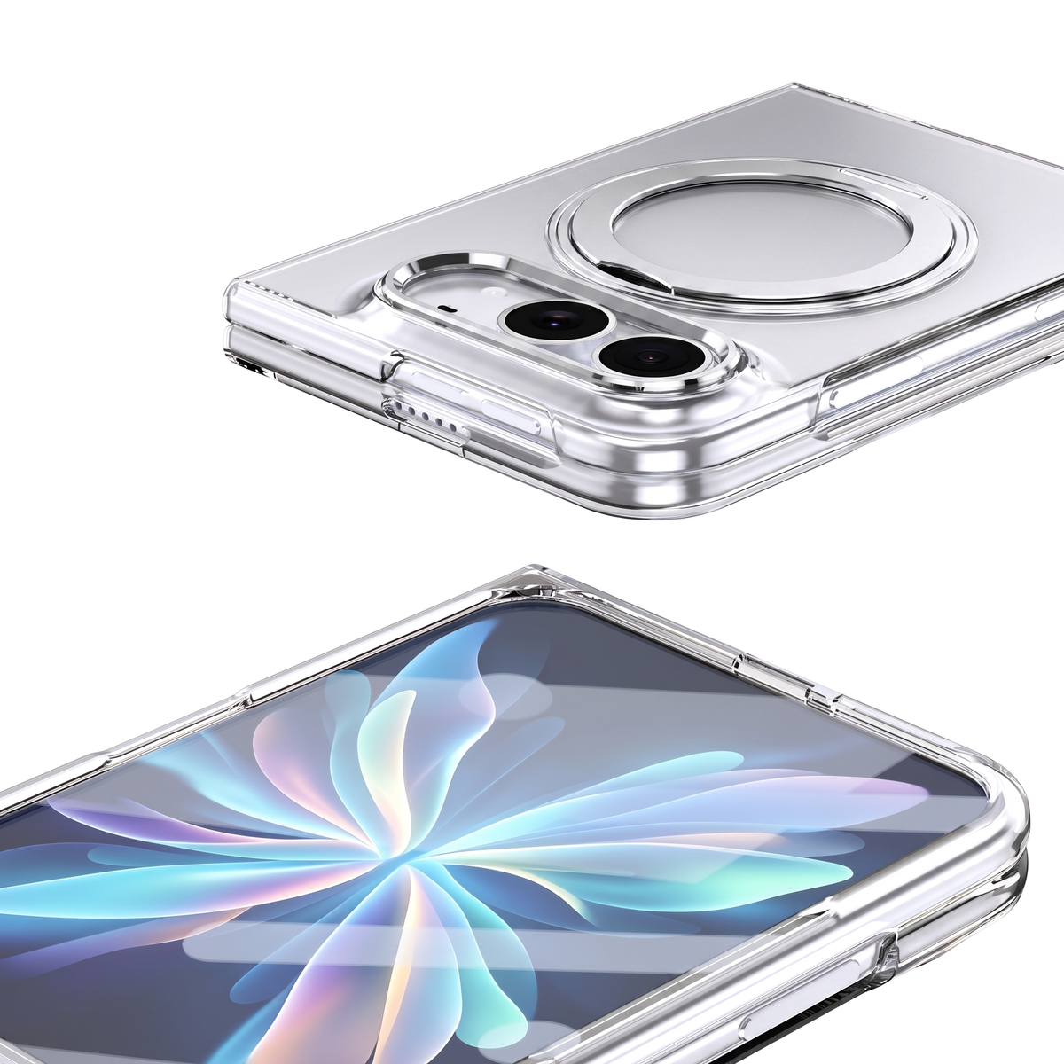 Axon M1 iPhone Fold clear case with silver MagSafe ring seat and silver camera bezel, shown with a patterned iridescent floral case