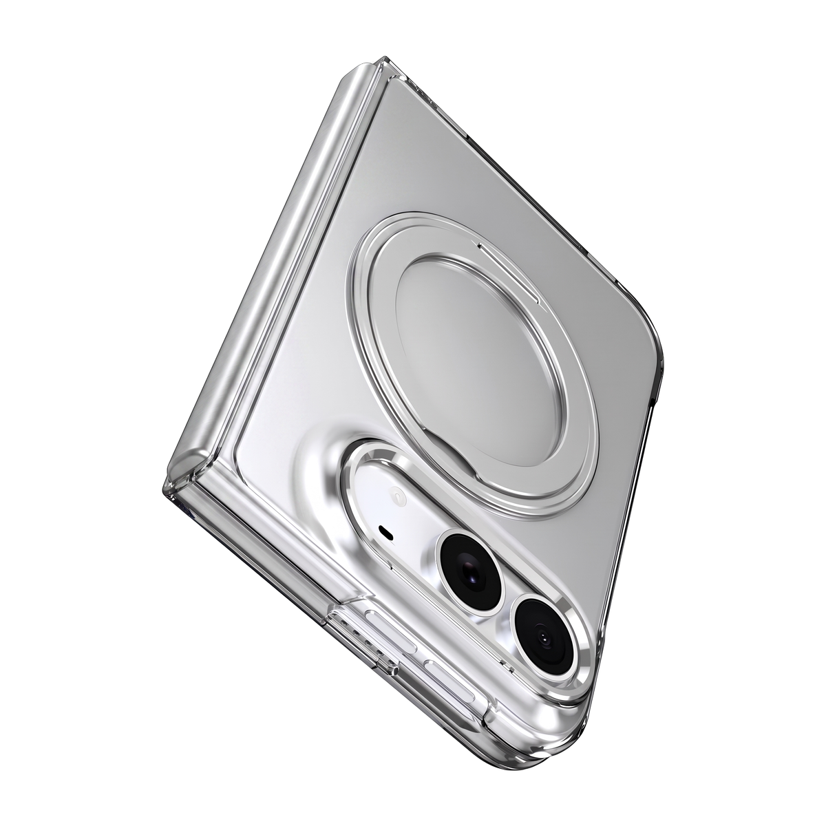 Axon M1 iPhone Fold clear case shown folded, detail of the hinge spine, MagSafe ring seat and camera cutout