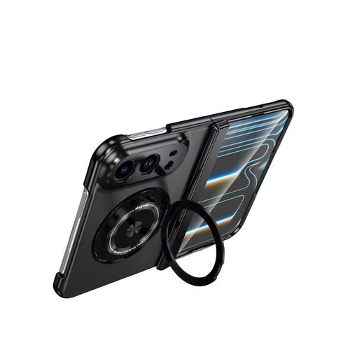 Axon M2 Black iPhone Duo case propped open on its fold-out magnetic ring stand