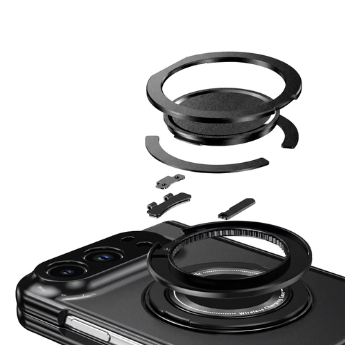 Axon M2 iPhone Duo case magnetic ring stand shown exploded into its parts above the Black back panel
