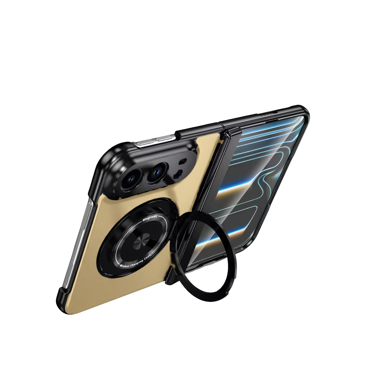 Axon M2 Champagne Gold iPhone Fold case propped open on its fold-out magnetic ring stand