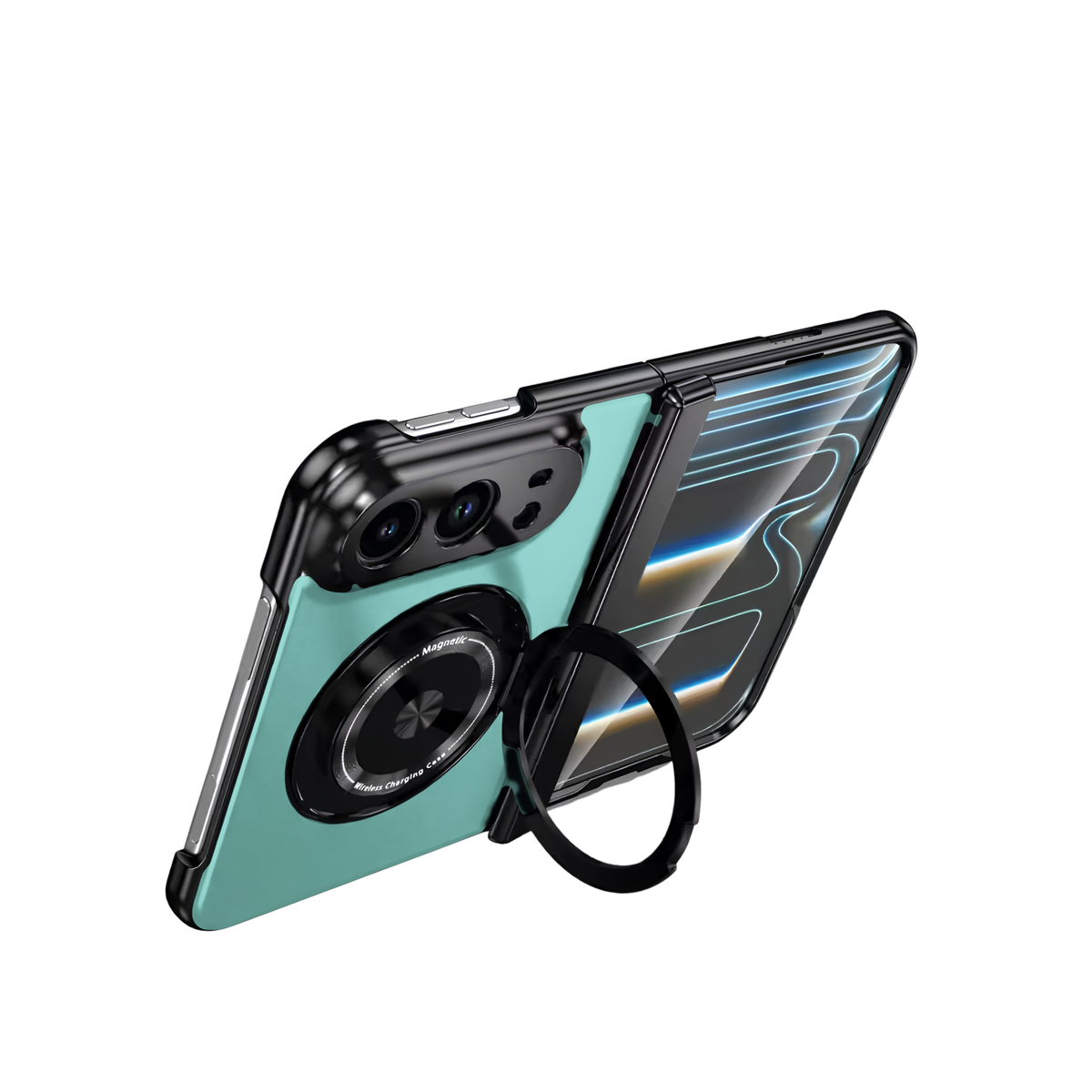 Axon M2 Green iPhone Fold case propped open on its fold-out magnetic ring stand