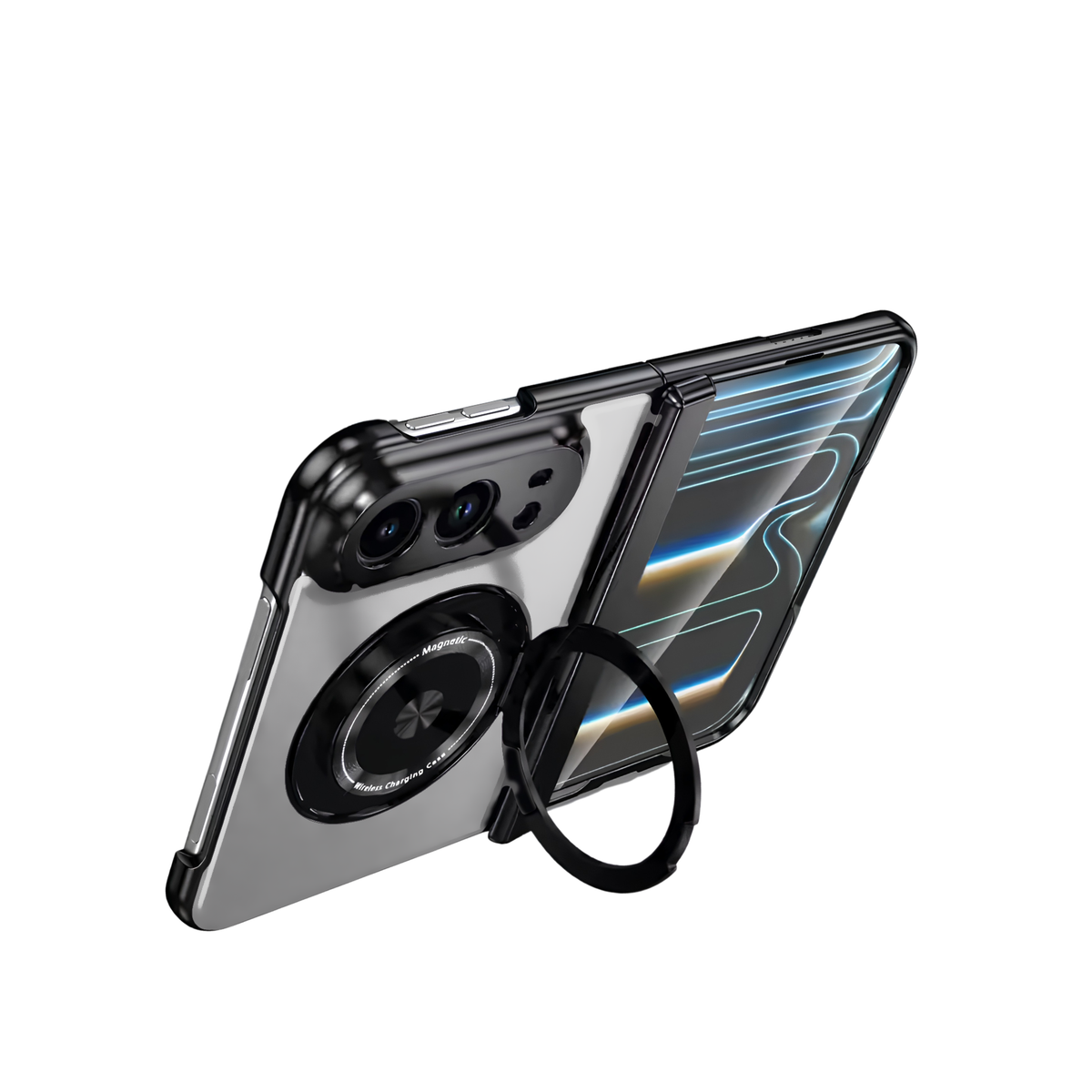Axon M2 Silver iPhone Fold case propped open on its fold-out magnetic ring stand