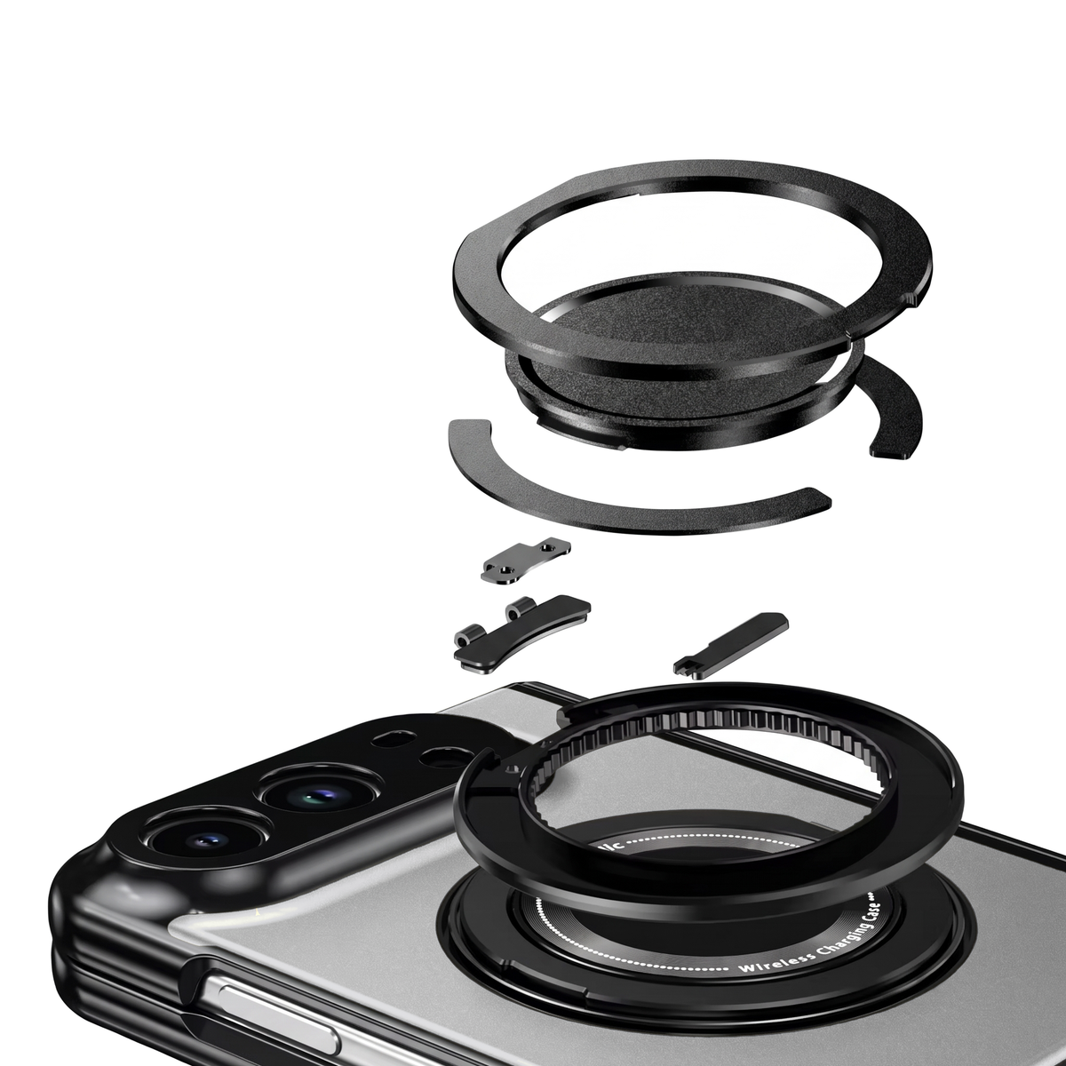 Axon M2 iPhone Fold case magnetic ring stand shown exploded into its parts above the Silver back panel