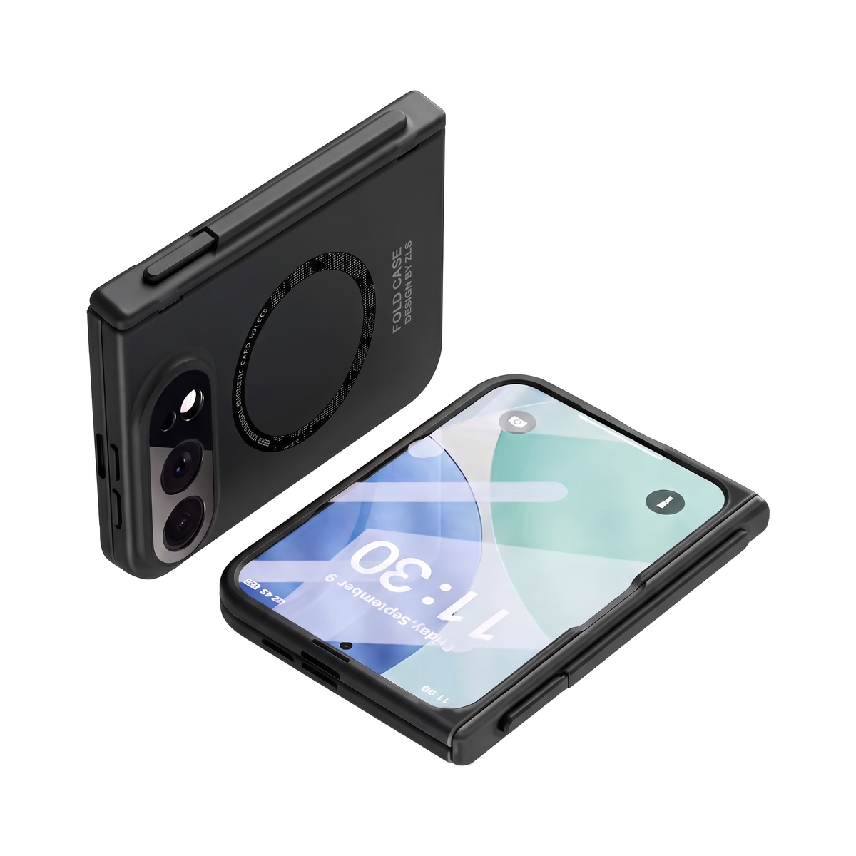Kinetic P1 iPhone Fold case Black - two closed cases with stylus on hinge, back and cover screen