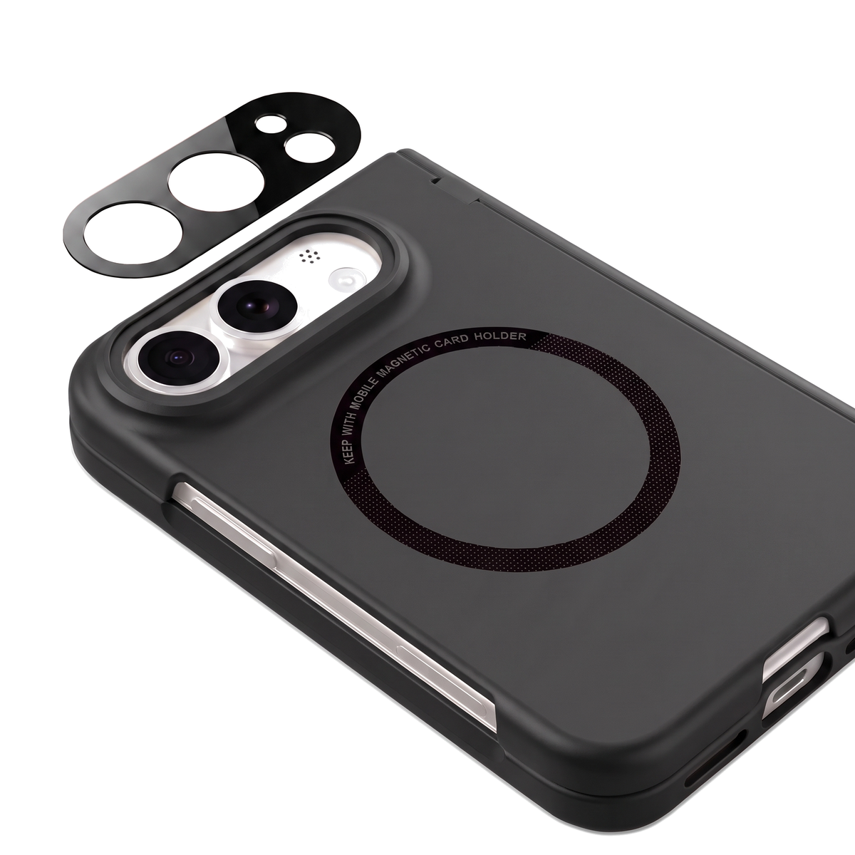 Kinetic P1 iPhone Fold case Black - tempered glass camera lens guard close-up