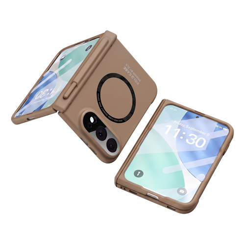 Kinetic P1 iPhone Duo case Coffee - open case with stylus on hinge beside closed case showing cover screen
