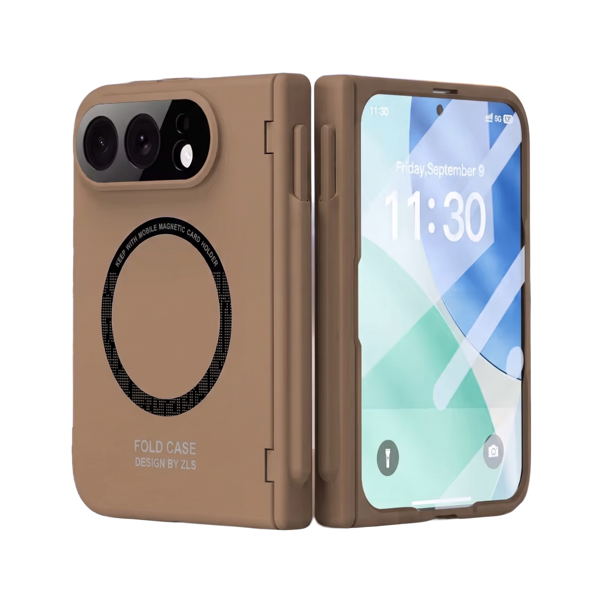 Kinetic P1 iPhone Fold case Coffee - MagSafe ring back and cover screen, stylus in hinge
