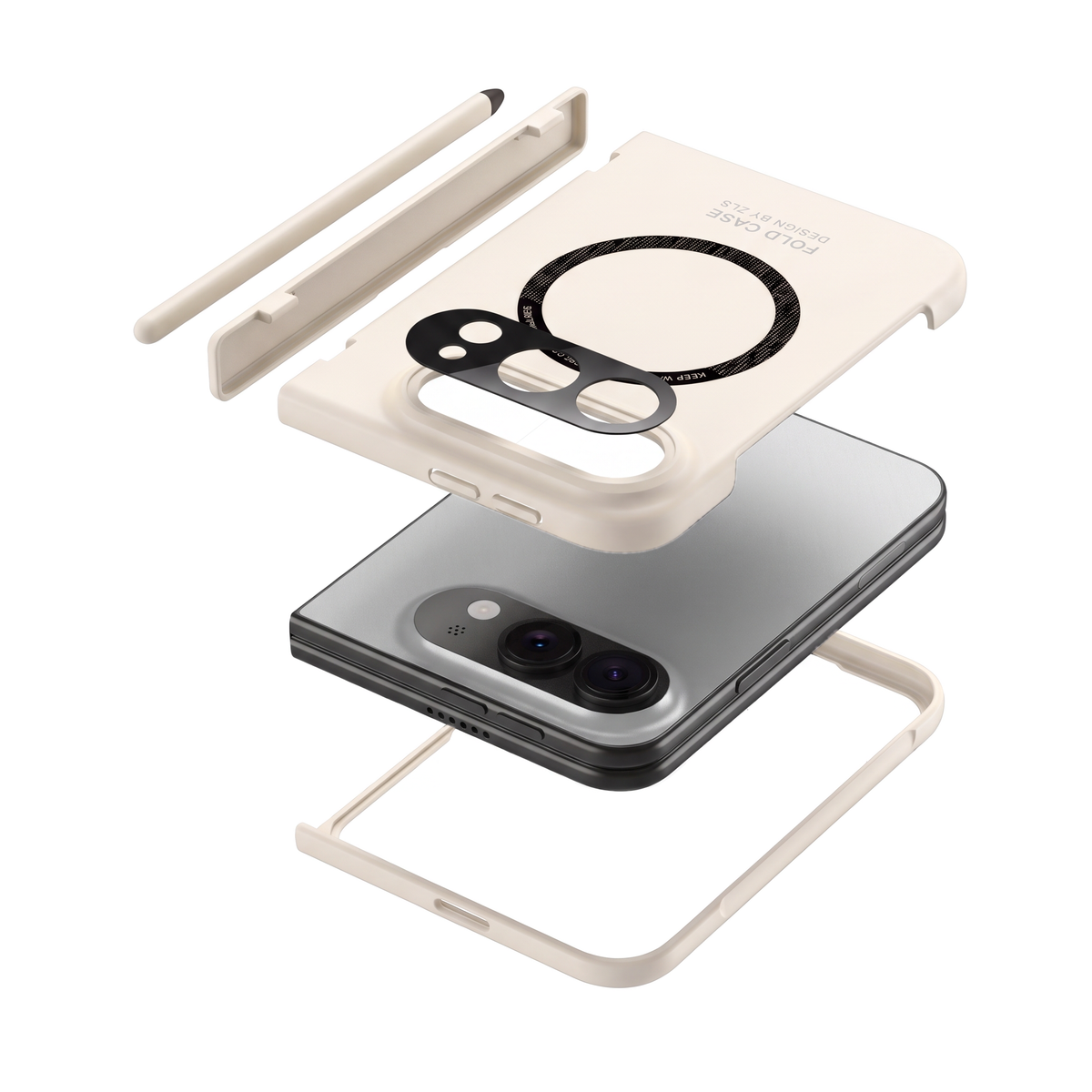 Kinetic P1 iPhone Fold case White - exploded view: hinged cover, stylus, back cover, phone, front frame