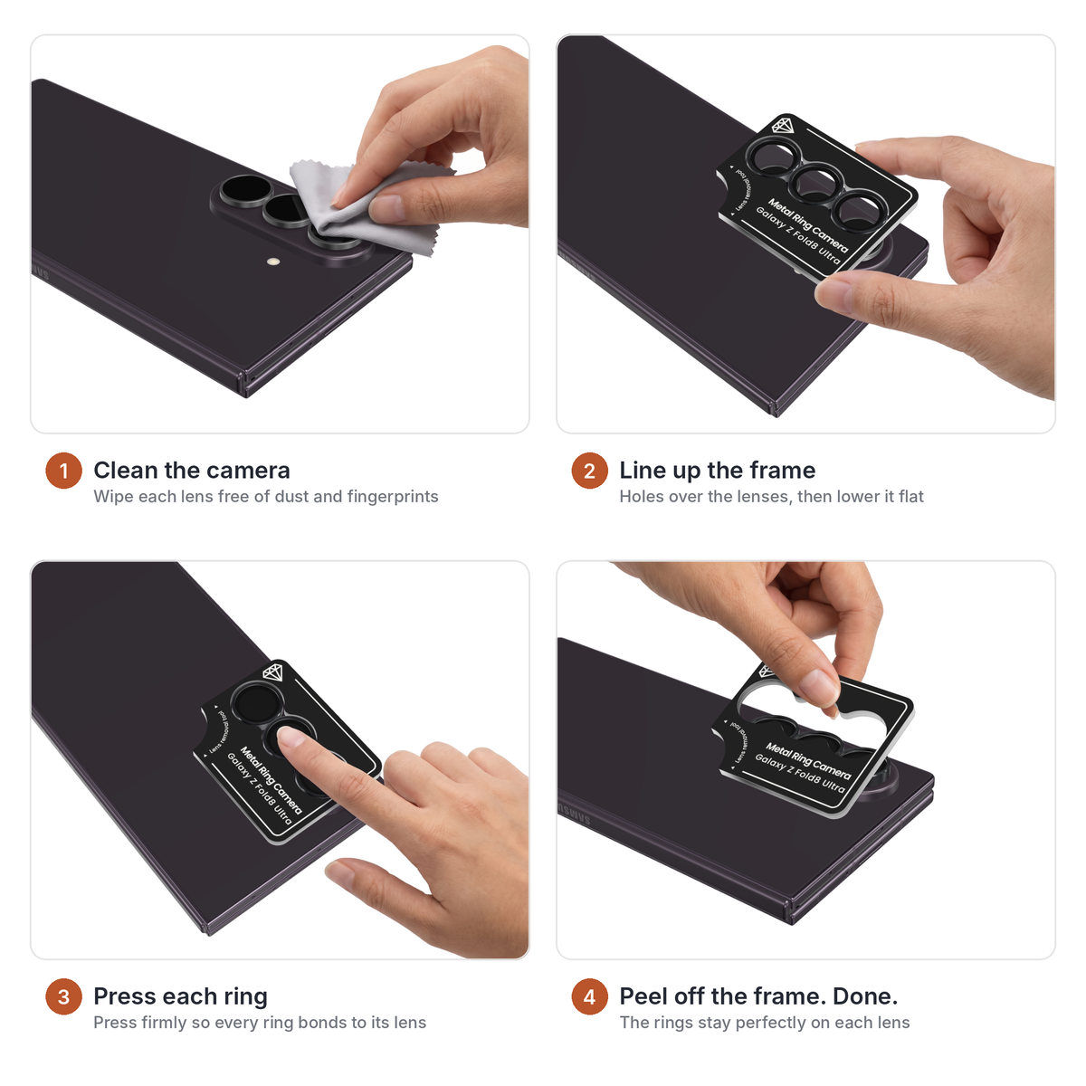 How to install the Lens Guard camera lens protector on Galaxy Z Fold 8 Ultra in 4 steps - clean the camera, line up the install frame over the lenses, press each ring into place, then peel off the frame and the rings stay on each lens of a Galaxy Z Fold8 Ultra in Violet Shadow