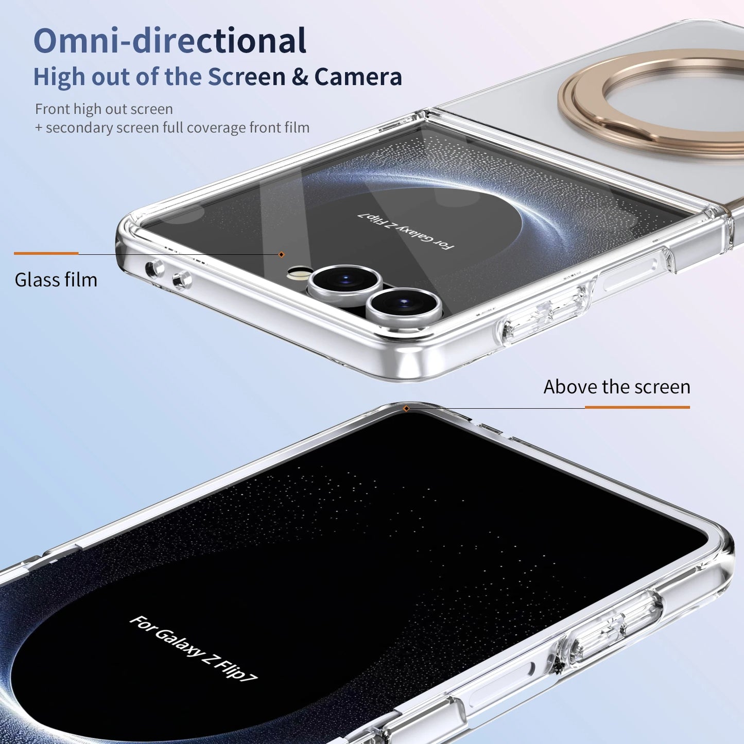 Smartphone with glass film applied to screen and camera area on a light blue background