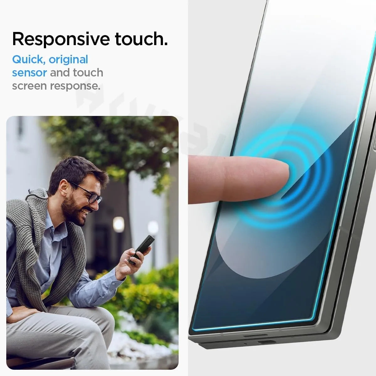 Person using a smartphone with a close-up of a touch screen response on a device.