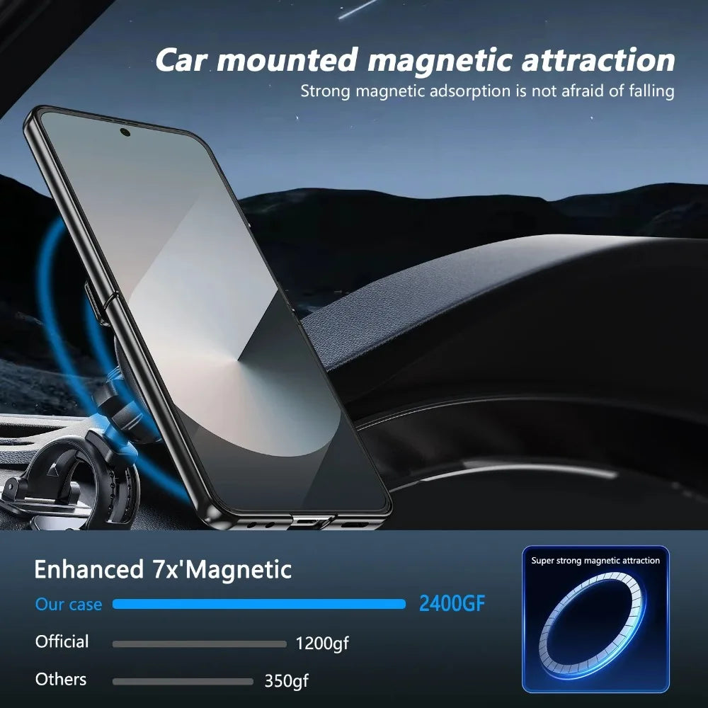 Phone case with magnetic attraction feature displayed on a car interior background