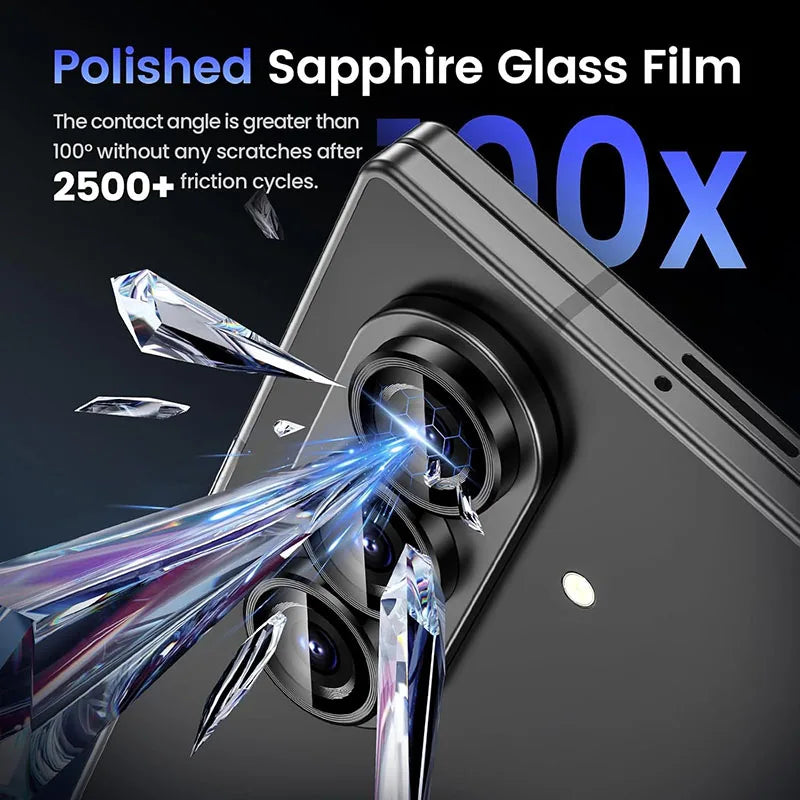Polished Sapphire Glass Film advertisement with a phone and glass fragments on a dark background