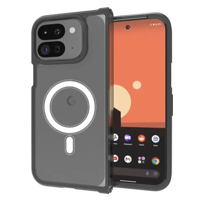 Phone case with a magnetic ring and clear back on a white background