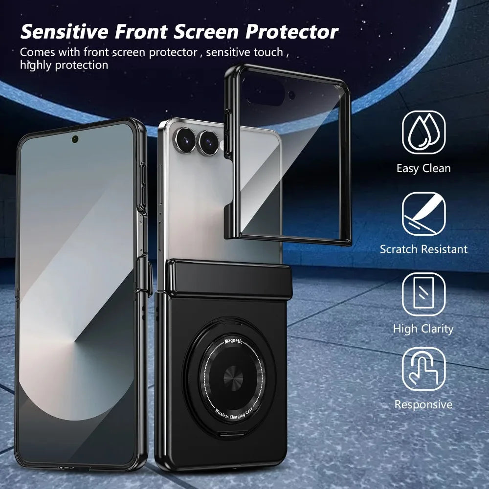 Smartphone with a front screen protector on a dark background, featuring text and icons about the product's features.