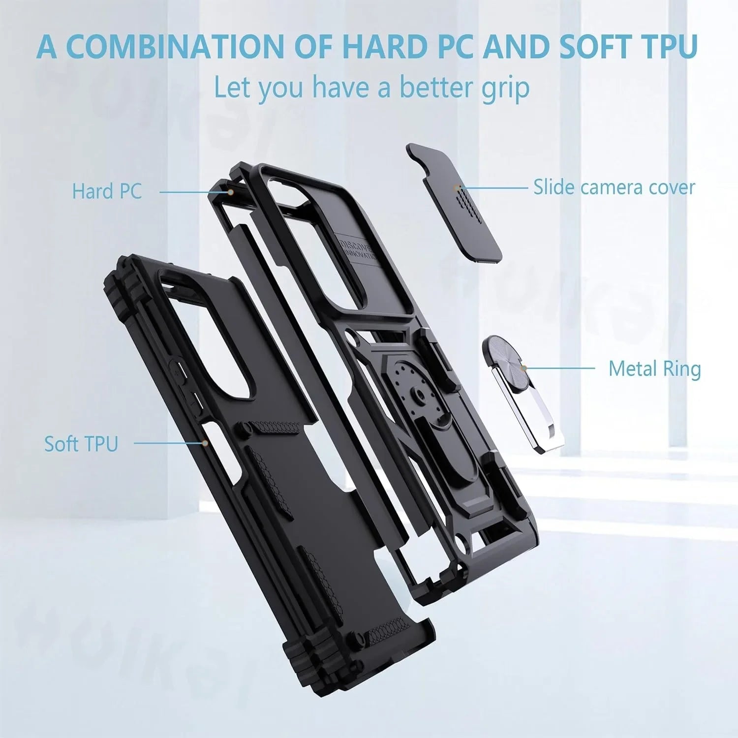 Phone case with hard PC and soft TPU components on a light blue background