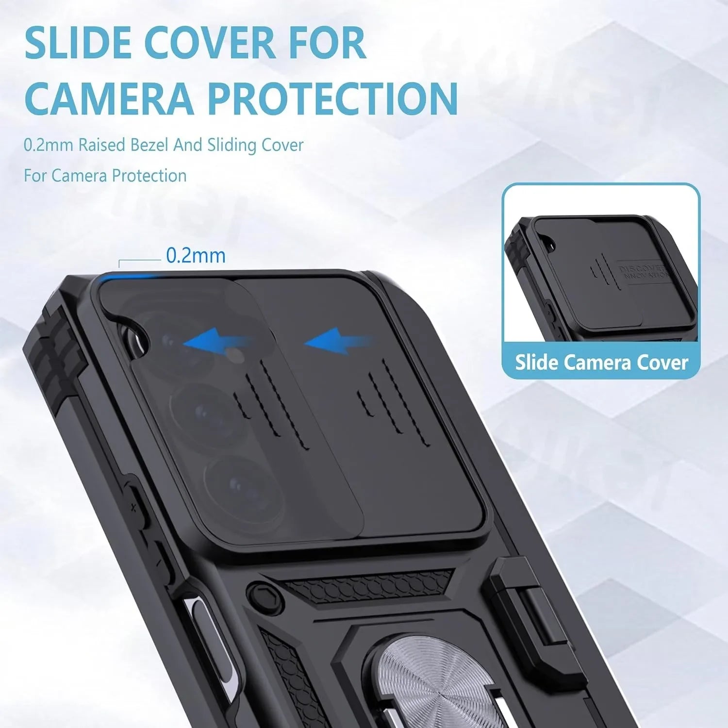 Phone case with slide camera cover for protection, on a light blue geometric pattern background.