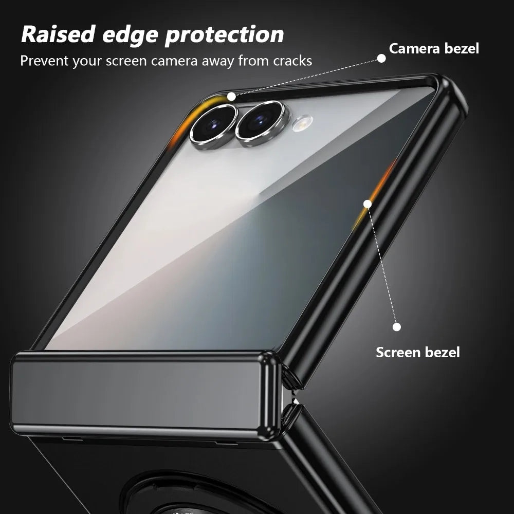 Phone case with raised edge protection features labeled on a dark background