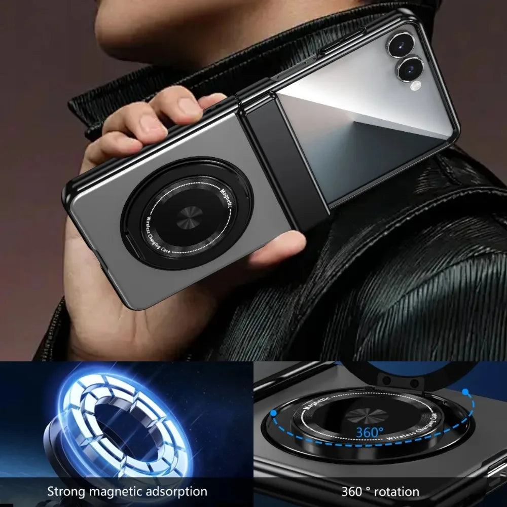 Person holding a dual-screen phone case with close-up details of magnetic and rotation features.