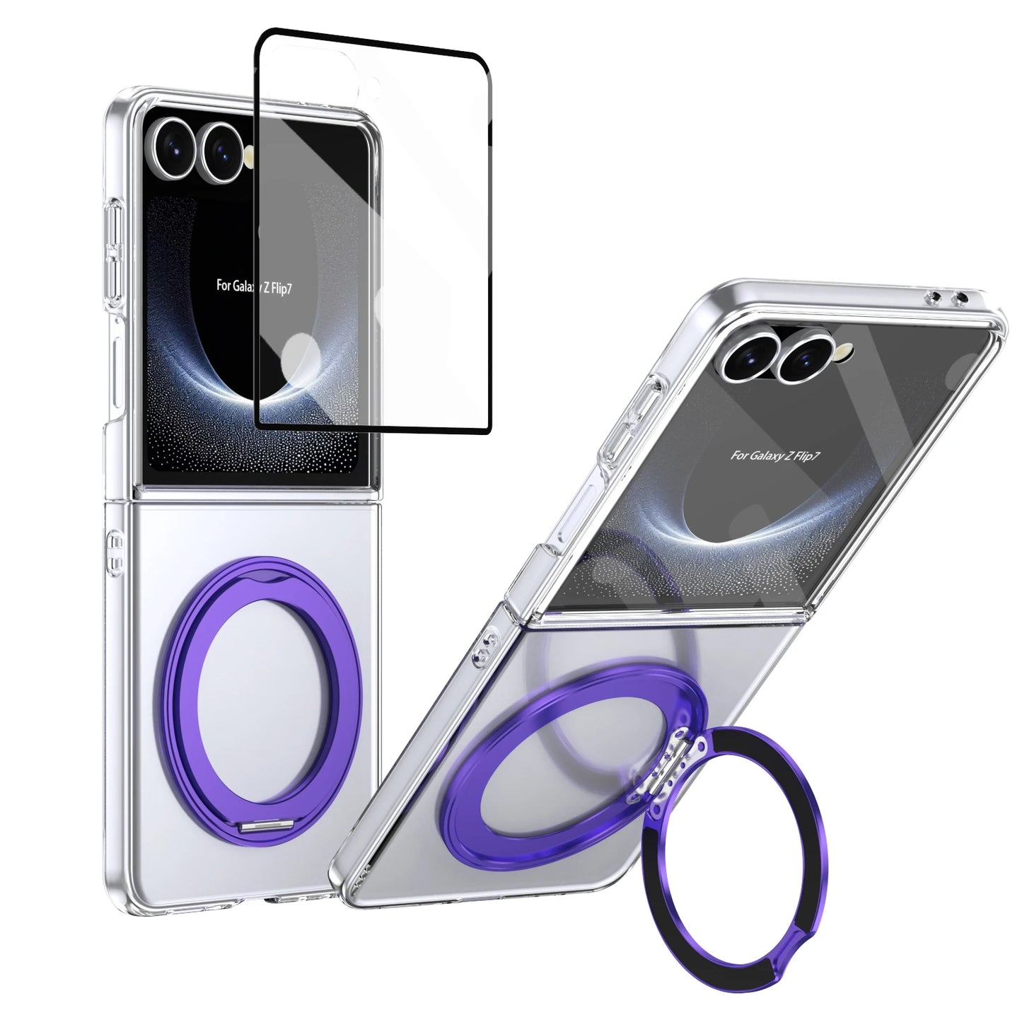Clear phone case with purple ring stand and screen protector for Samsung Galaxy Z Flip7 on a white background
