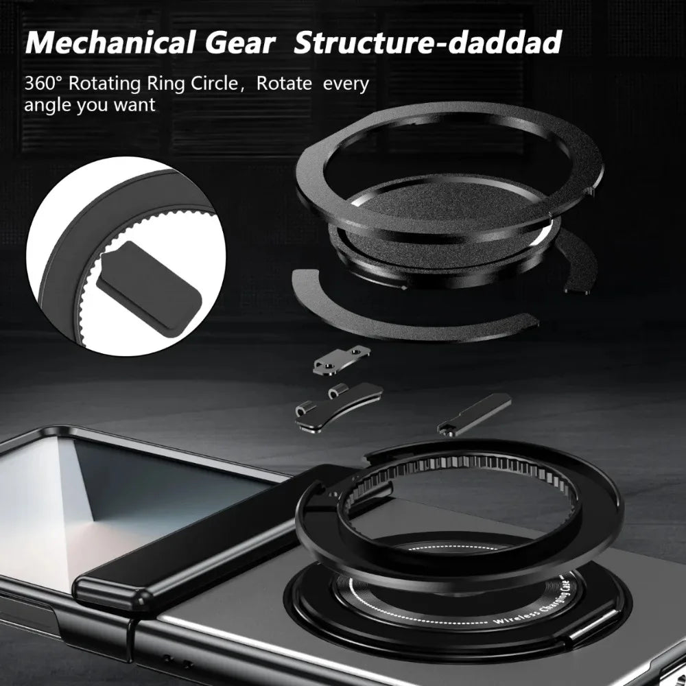 Black mechanical ring with 360-degree rotation on a phone, with text describing its features.