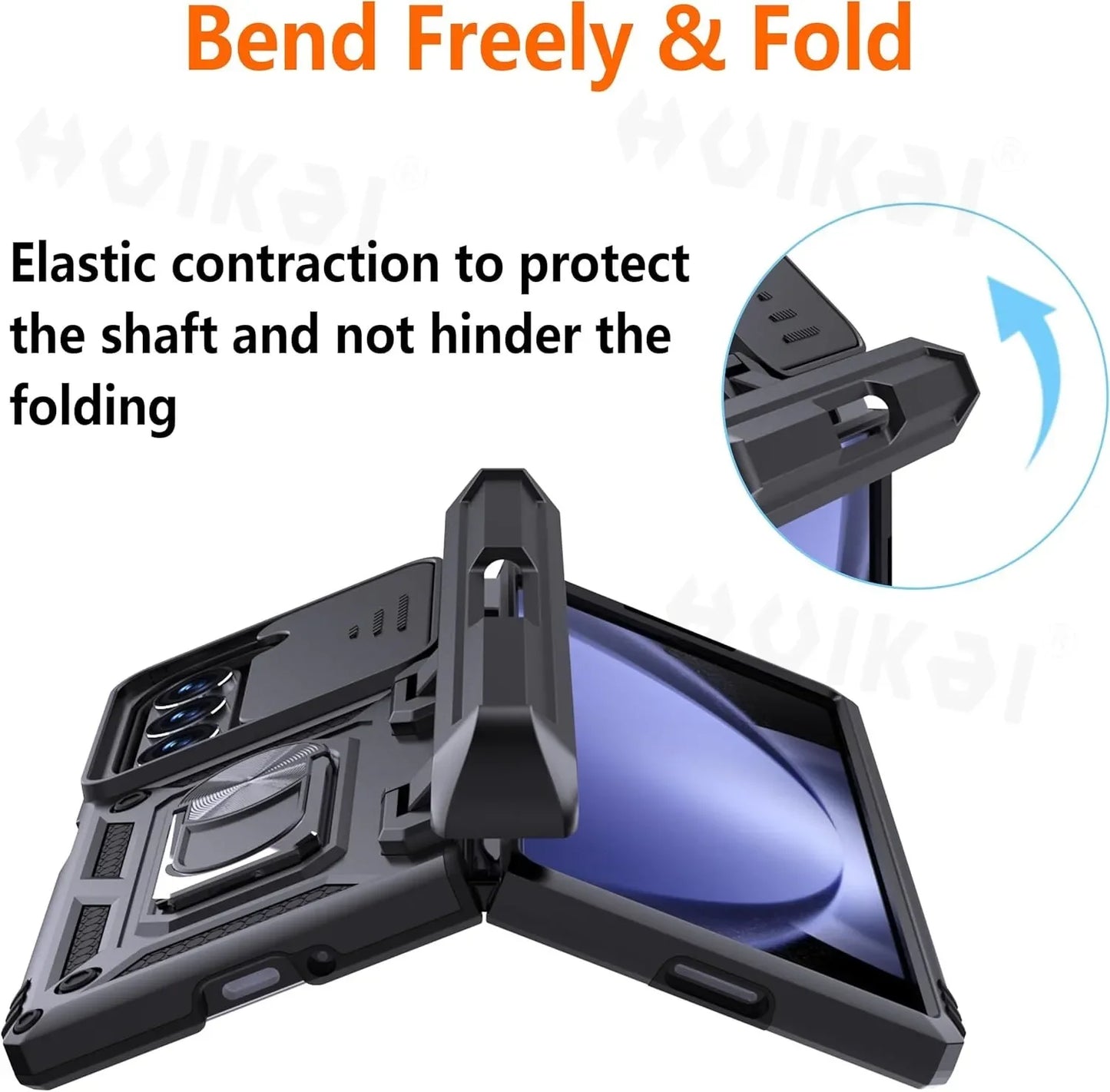 Phone case with text 'Bend Freely & Fold' and an illustration of a phone being folded.
