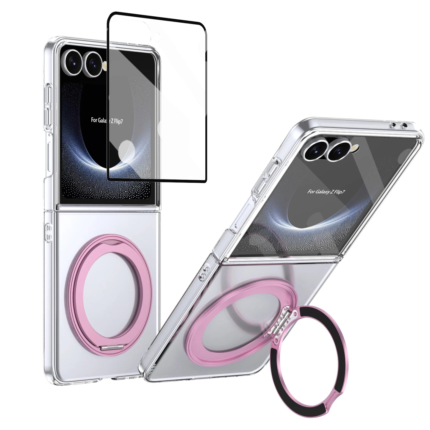 Phone case with pink ring stand and screen protector for Samsung Galaxy Z Flip7 on a white background