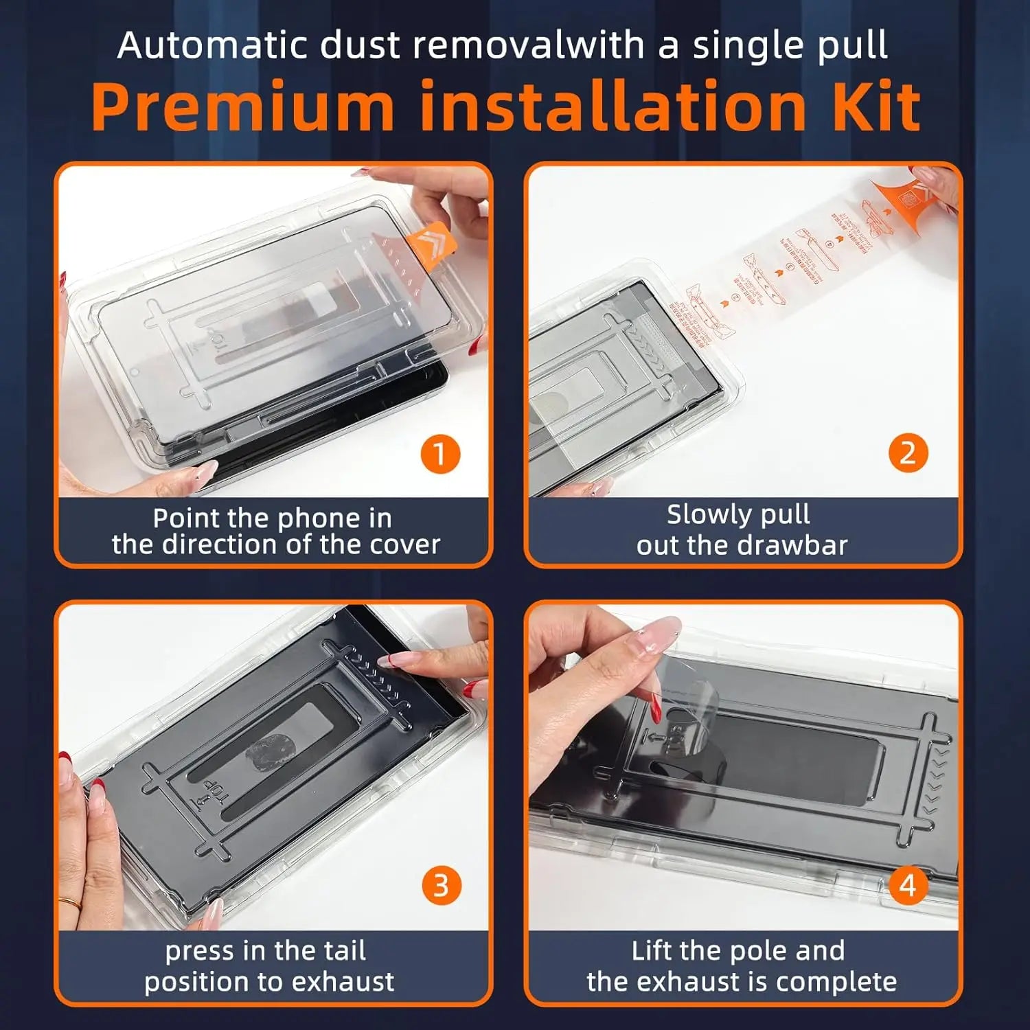 Step-by-step guide for using a premium installation kit with text about automatic dust removal.