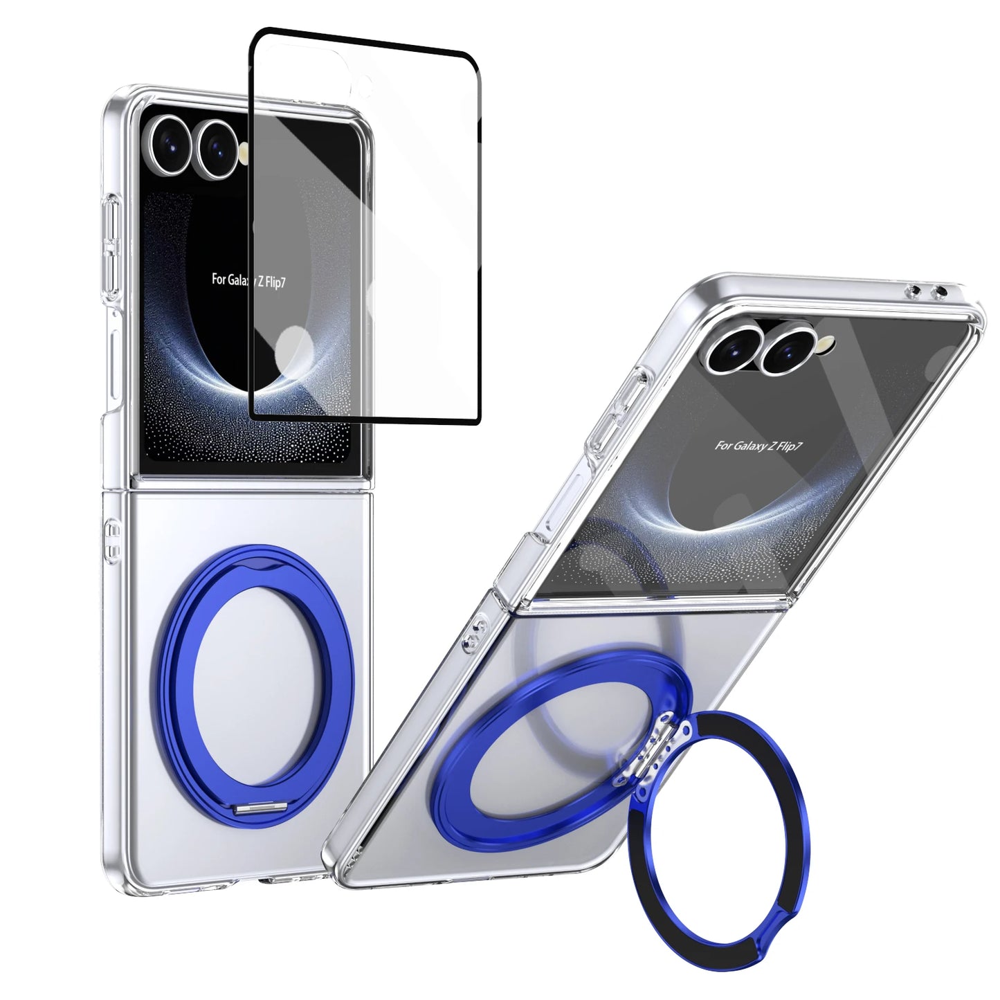 Phone case with blue ring stand and screen protector for Samsung Galaxy Z Flip7 on a white background