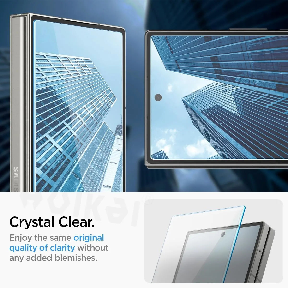 Smartphone with screen protector displaying clear view of cityscape, emphasizing crystal clear quality.