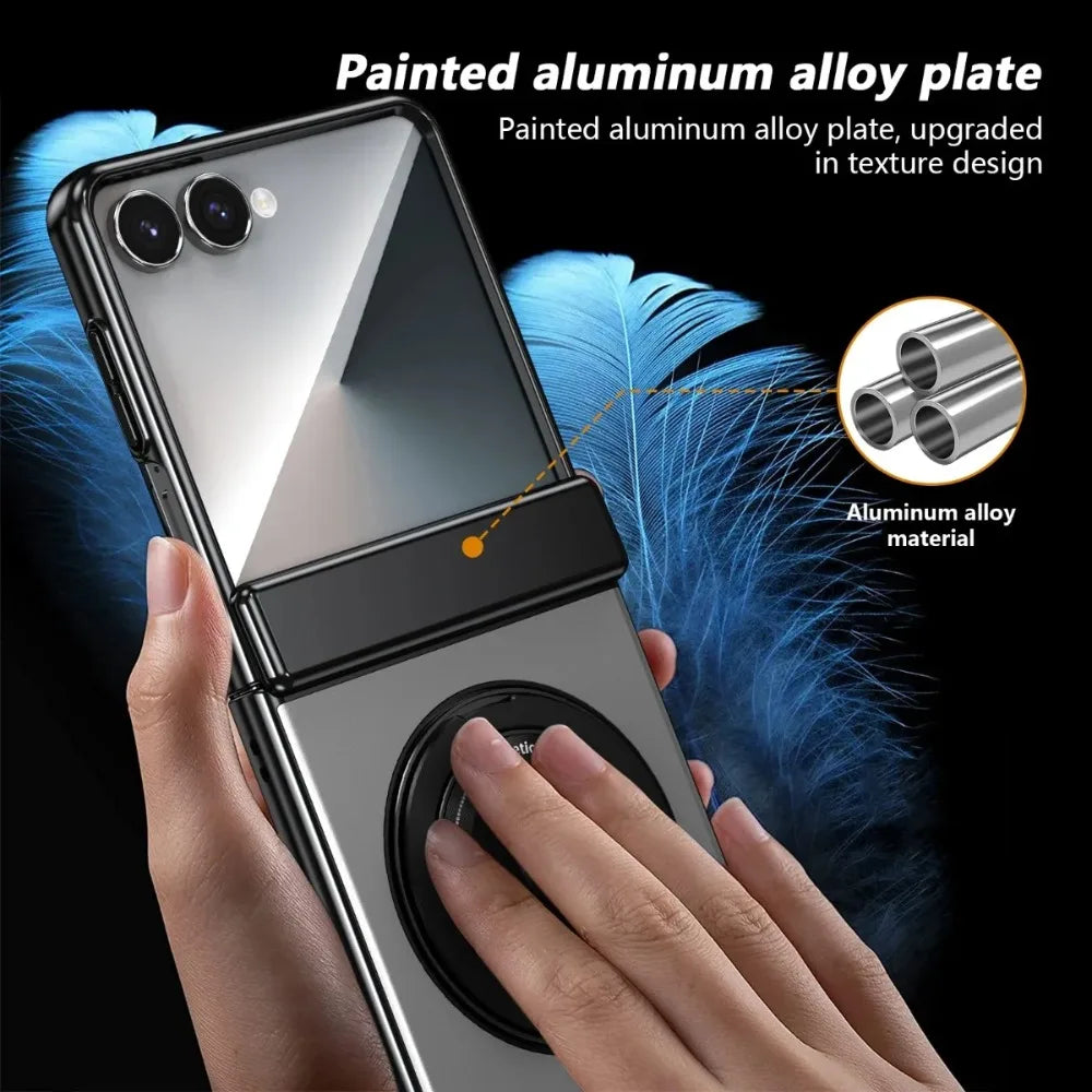 Smartphone with a ring holder held by a hand, featuring painted aluminum alloy plate design.