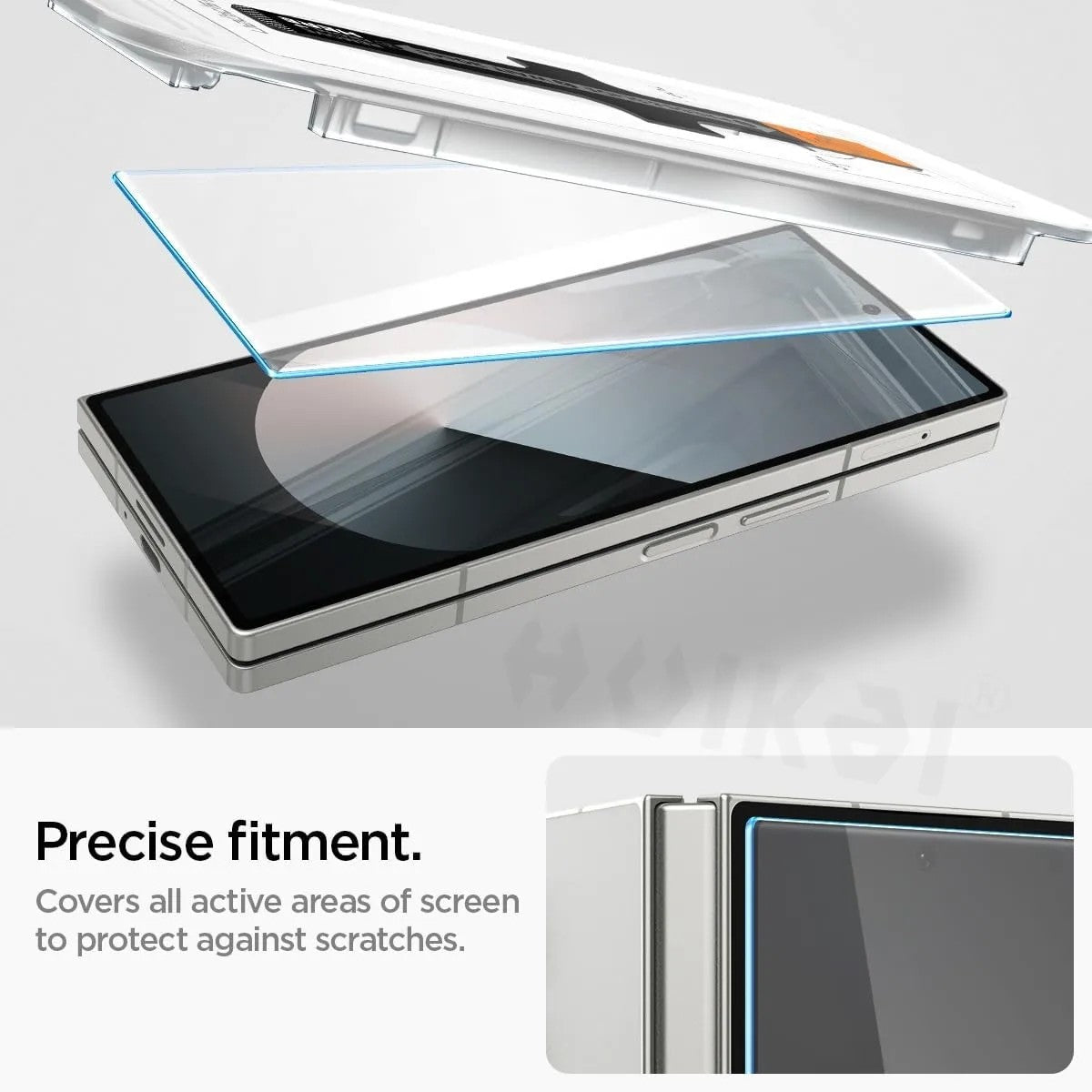 Smartphone with a glass screen protector on a light gray background