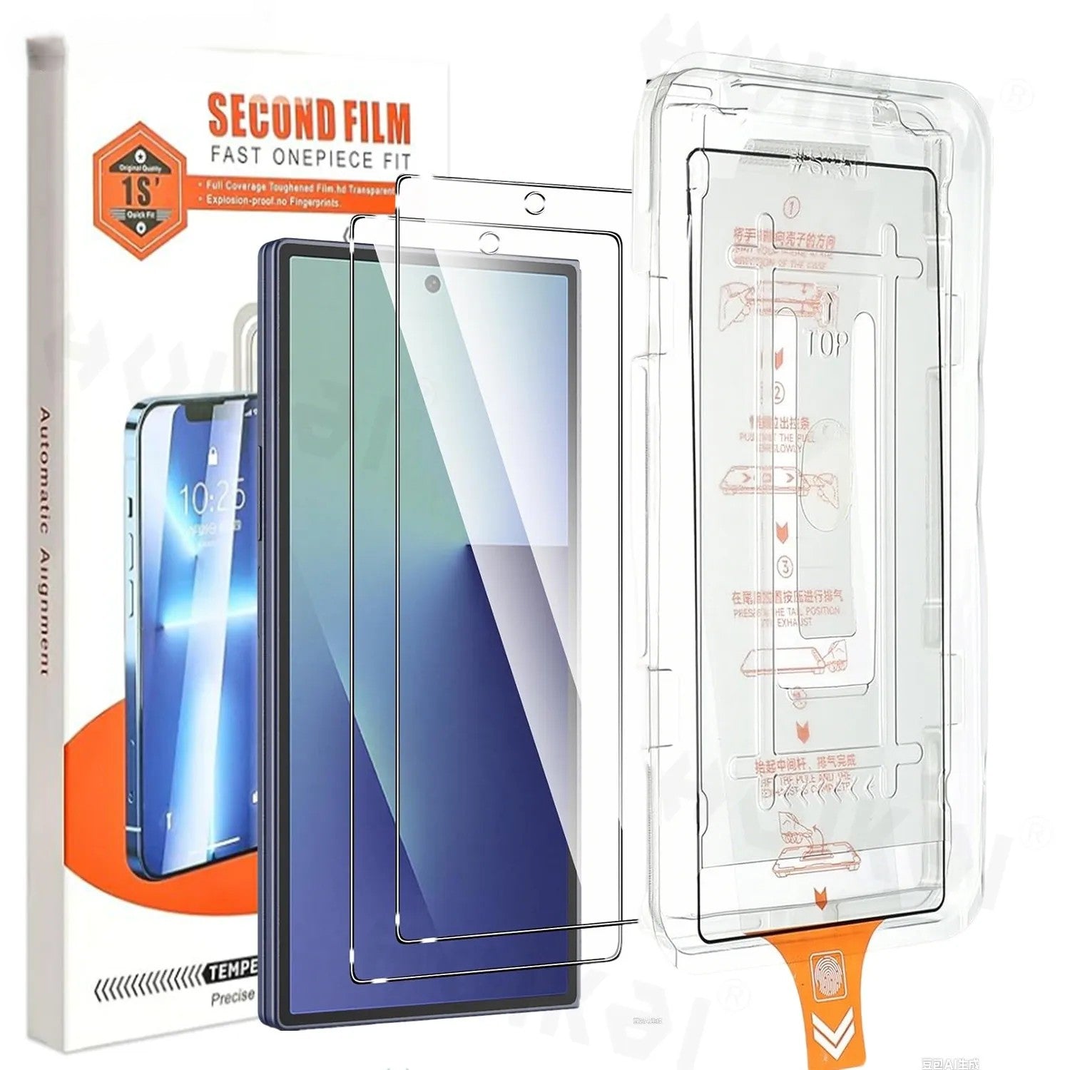 Screen protector packaging with a smartphone and measurement guide on a white background