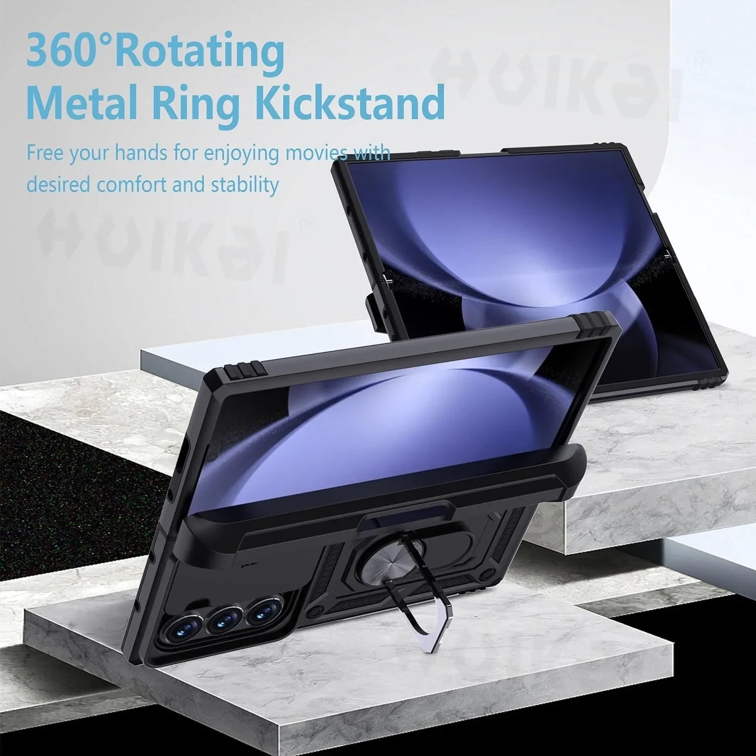 Tablet case with 360° rotating metal ring kickstand on a marble surface