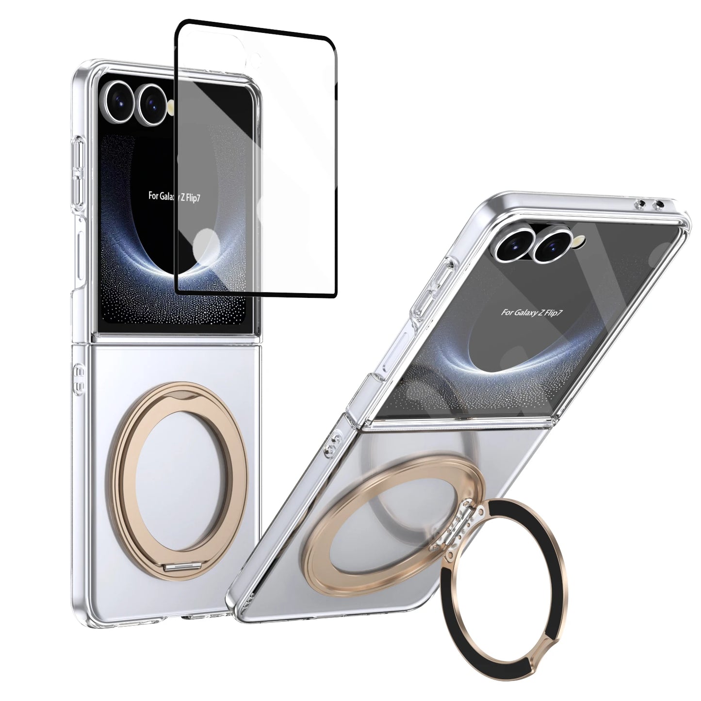 Clear phone case with ring holder and screen protector for Samsung Galaxy Z Flip7 on a white background
