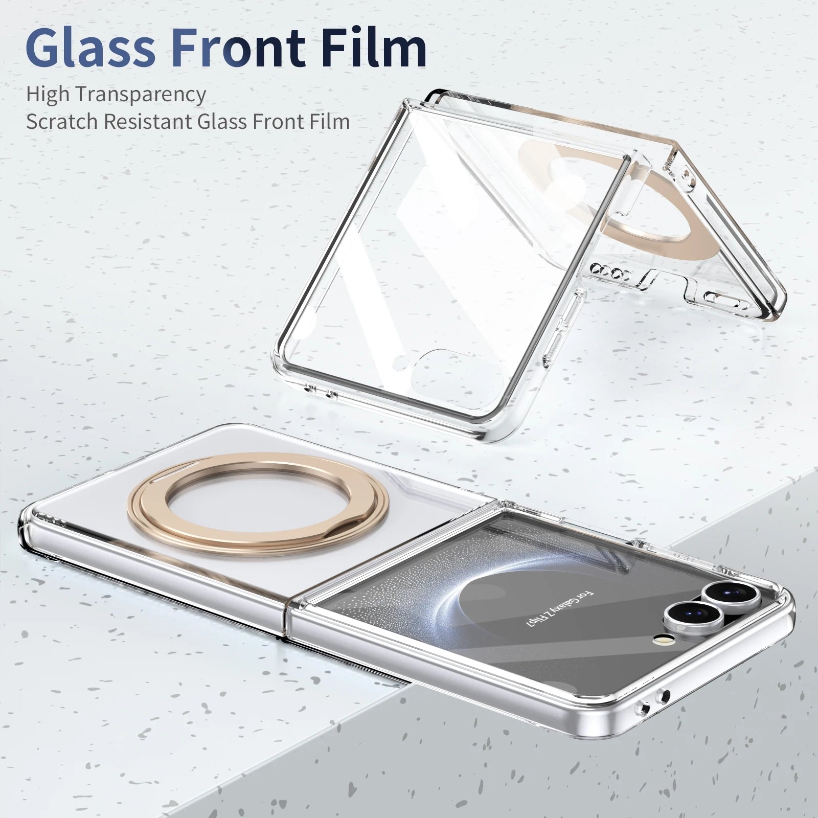 Glass front film for a smartphone on a light gray surface