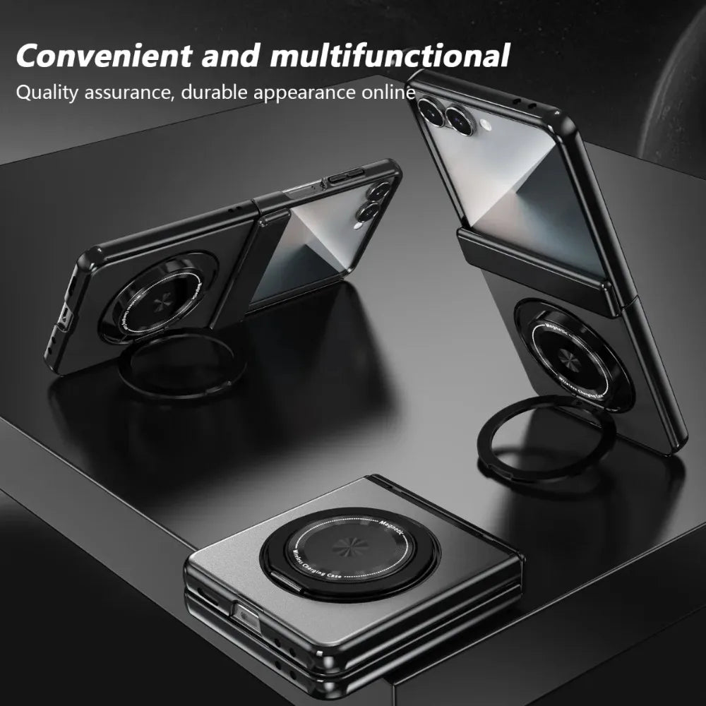 Multifunctional phone case with stand and wireless charging pad on a black surface