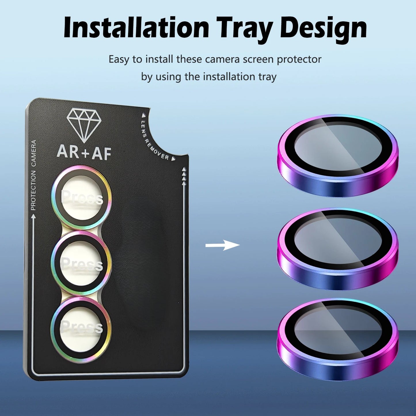 Camera screen protector with installation tray design on a blue background