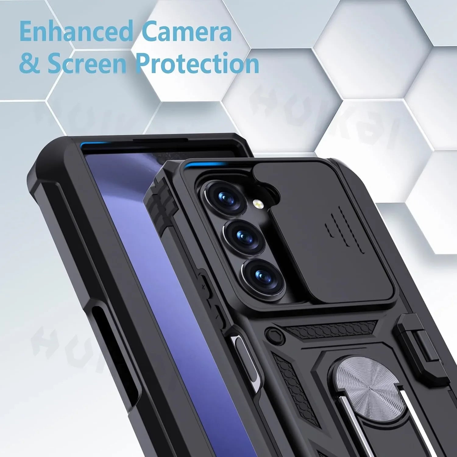 Phone case with enhanced camera and screen protection on a geometric background