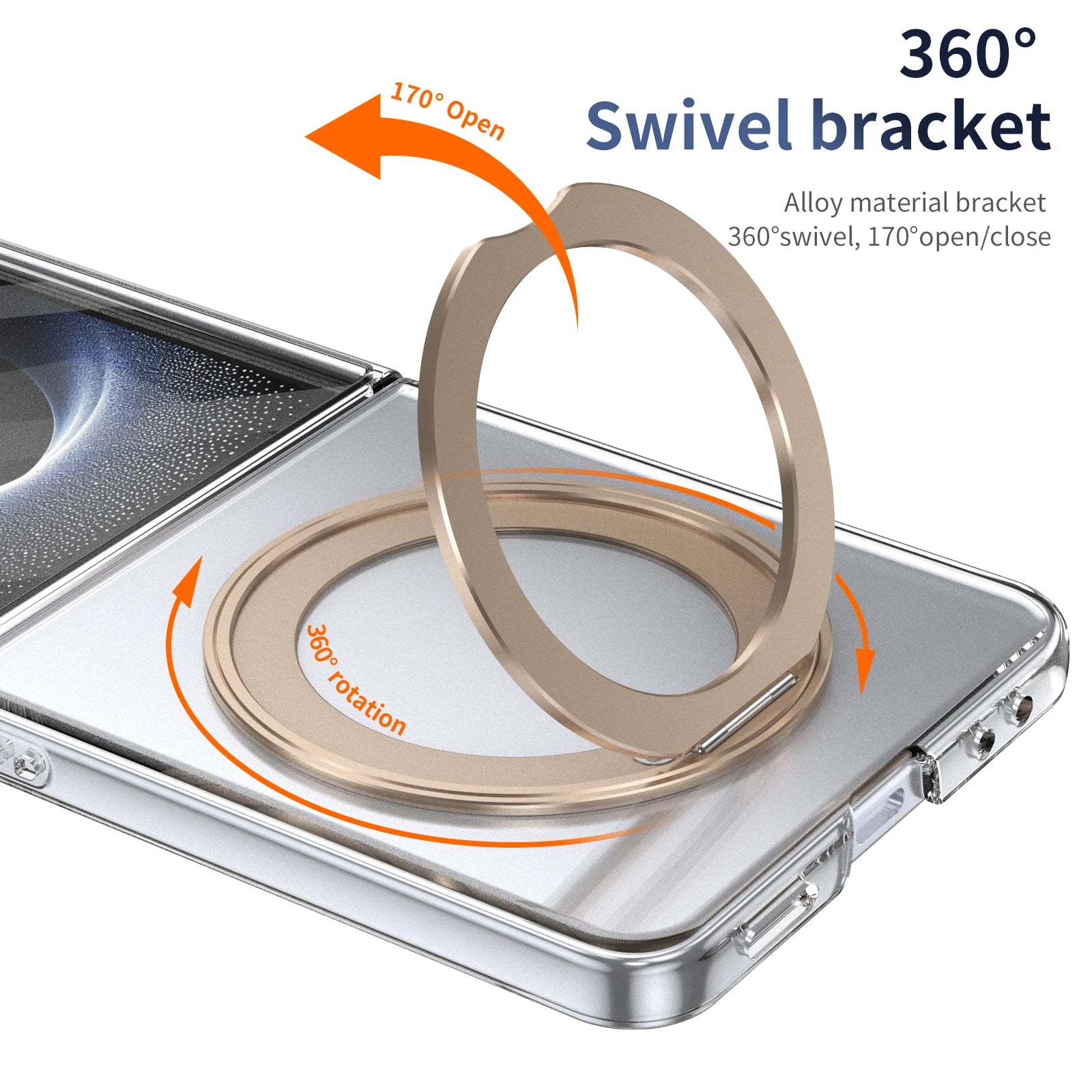 360-degree swivel bracket on a phone case with text indicating its features.