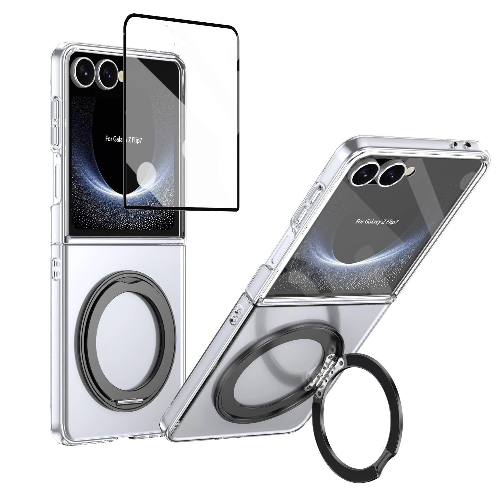 Clear phone case with ring holder and screen protector for Samsung Galaxy Z Flip7 on a white background