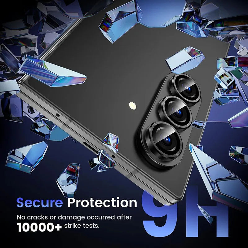 Phone case with diamond-like crystals and text about secure protection and durability tests.